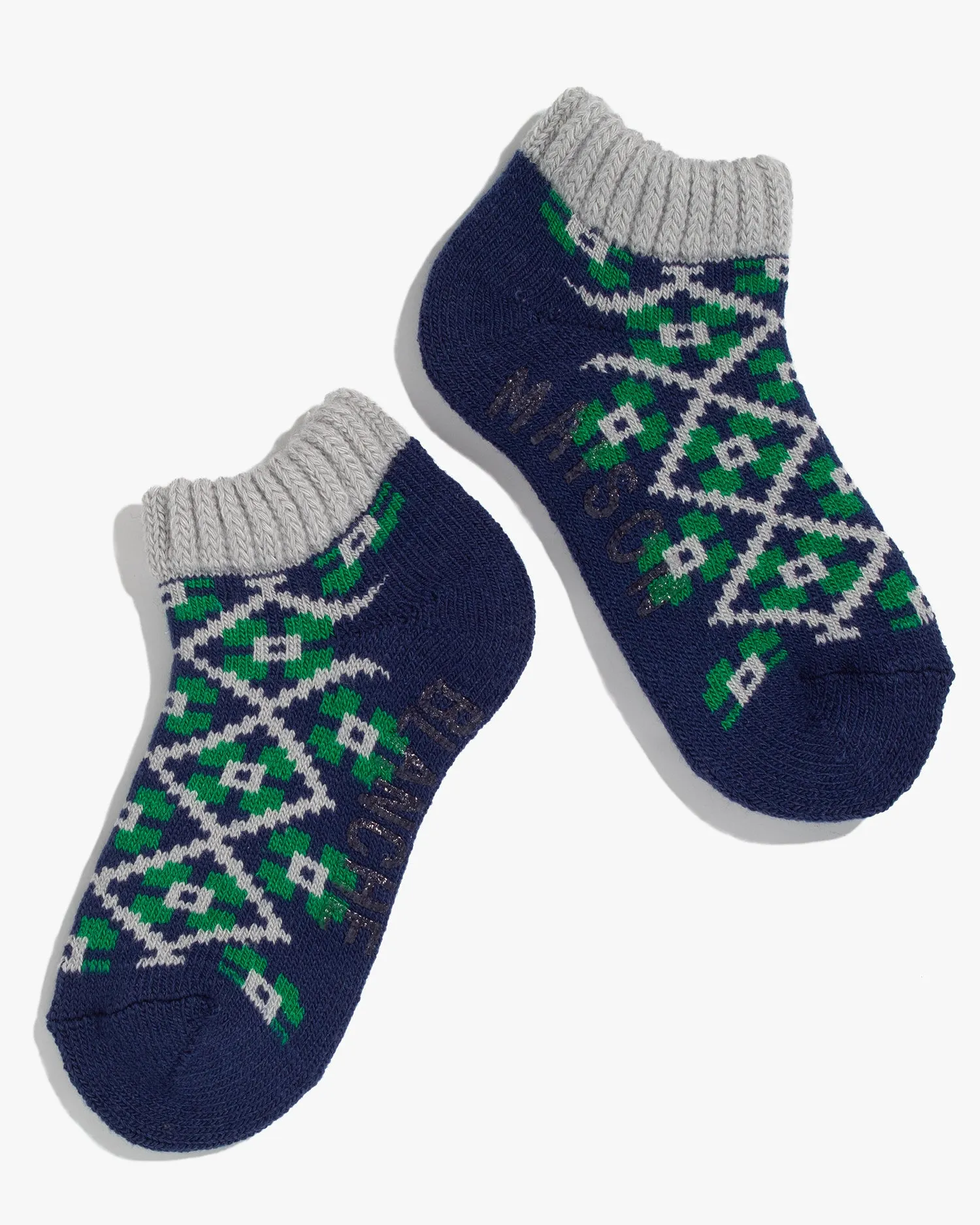 Debby Co., Ankle Socks, Maison Blanche Collection, Navy and Gray with Green Flowers