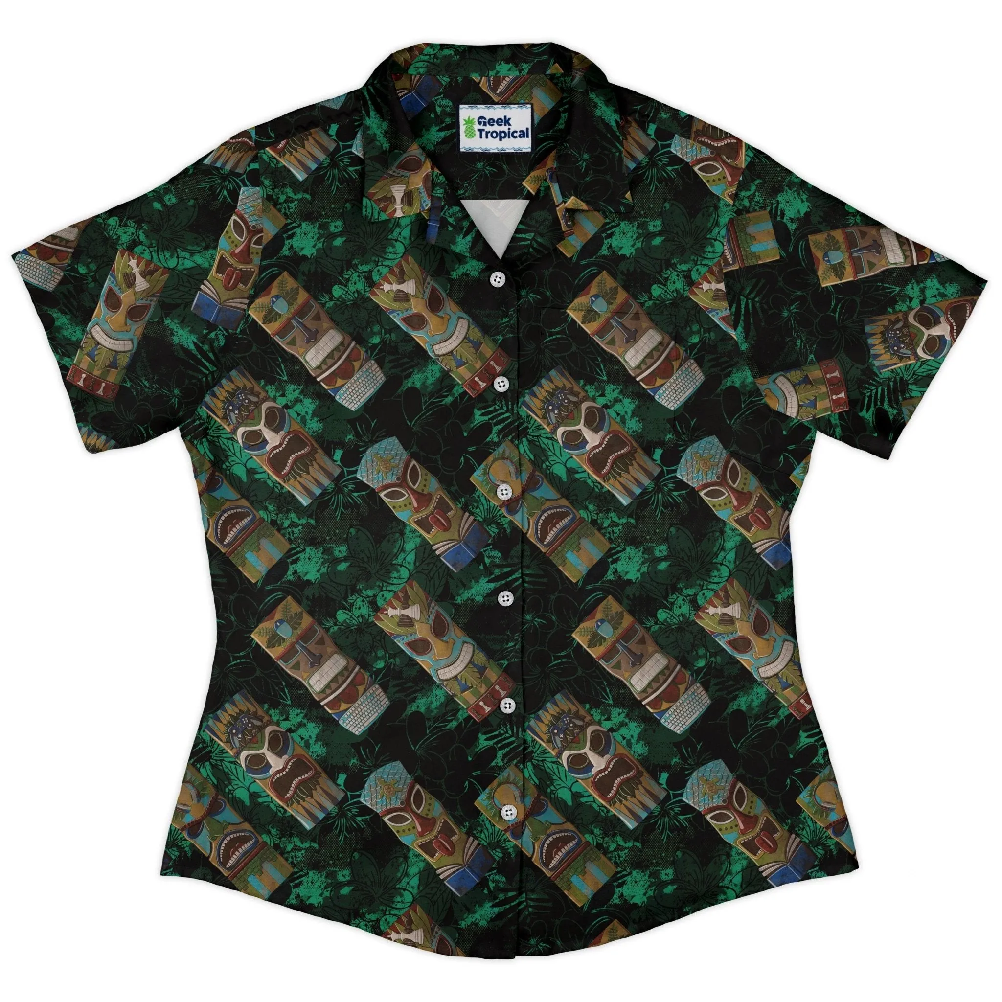 Geek Tiki Masks Dark Green Curvy Button Up Shirt