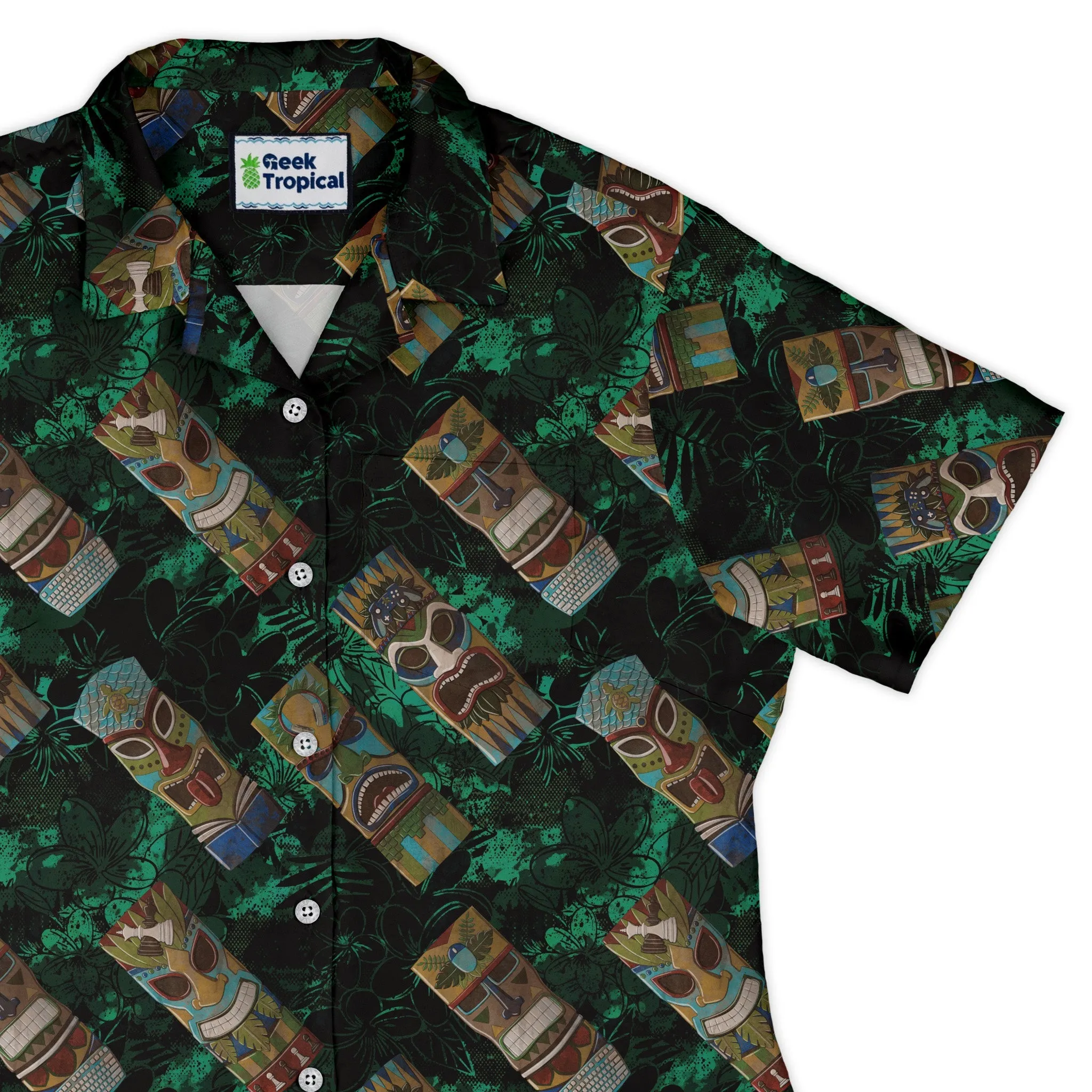 Geek Tiki Masks Dark Green Curvy Button Up Shirt