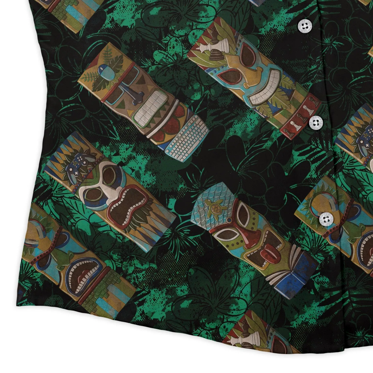 Geek Tiki Masks Dark Green Curvy Button Up Shirt