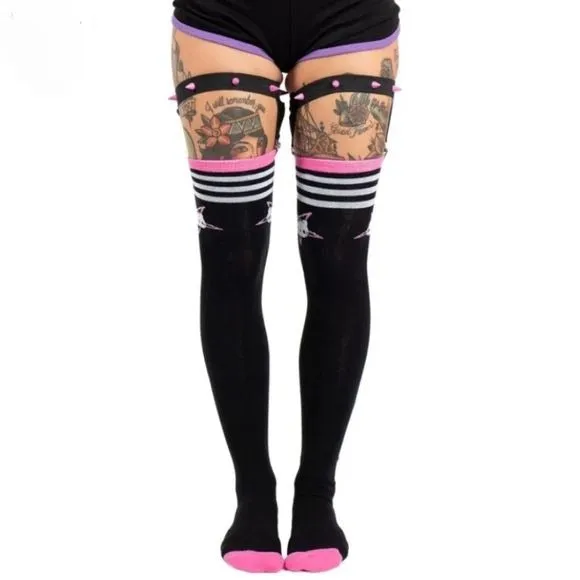 Hello Evil Kitty Thigh High Garter Socks | Spiked Garters Included