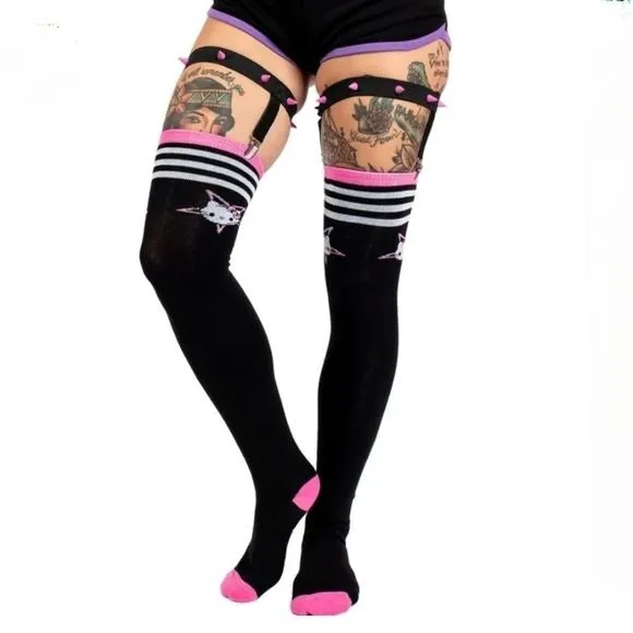 Hello Evil Kitty Thigh High Garter Socks | Spiked Garters Included
