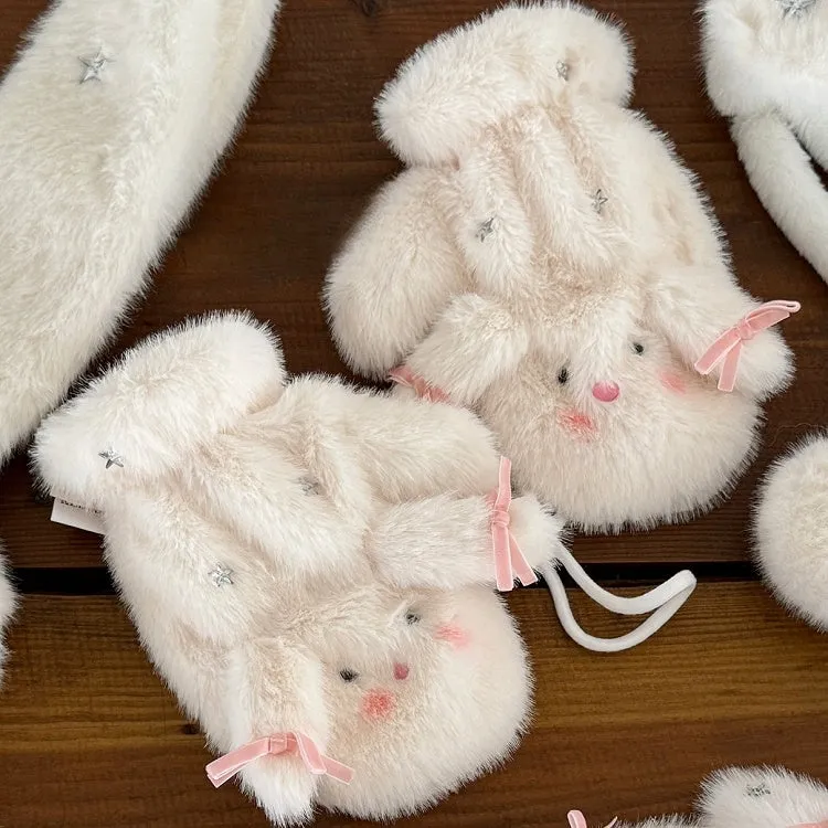 White Sweet Bunny Star Bowknot Plush Gloves
