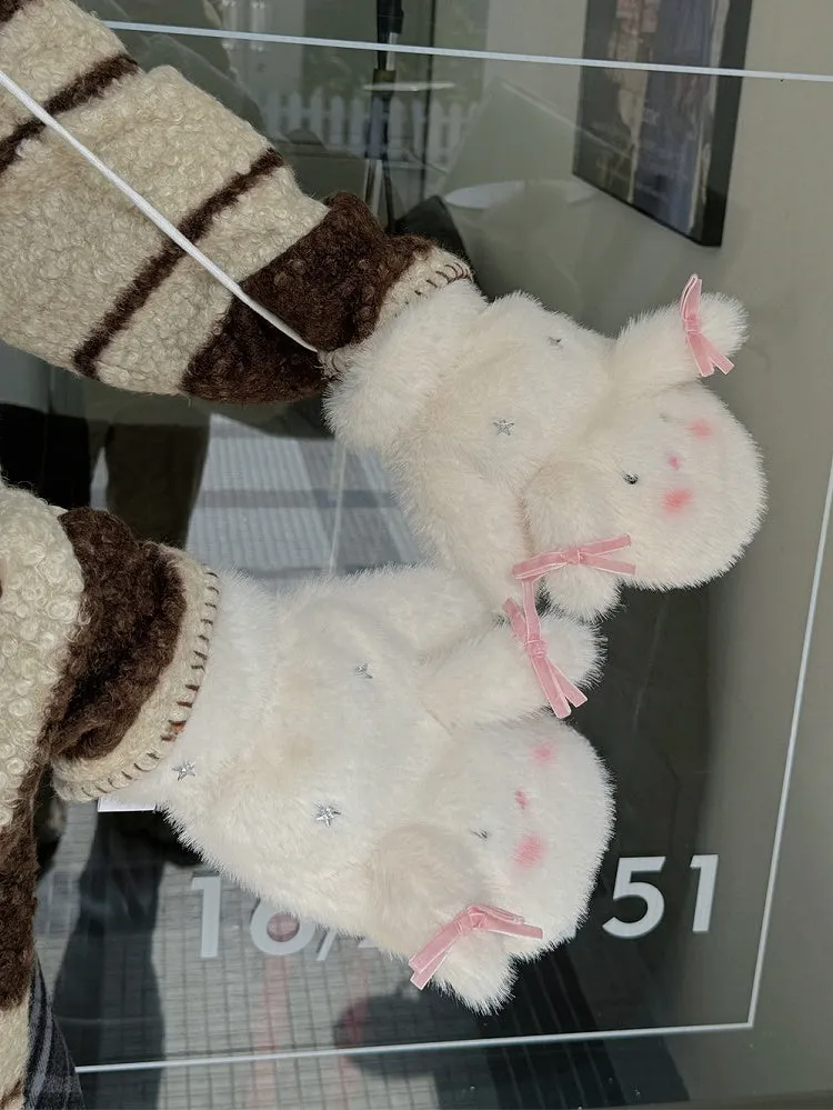 White Sweet Bunny Star Bowknot Plush Gloves